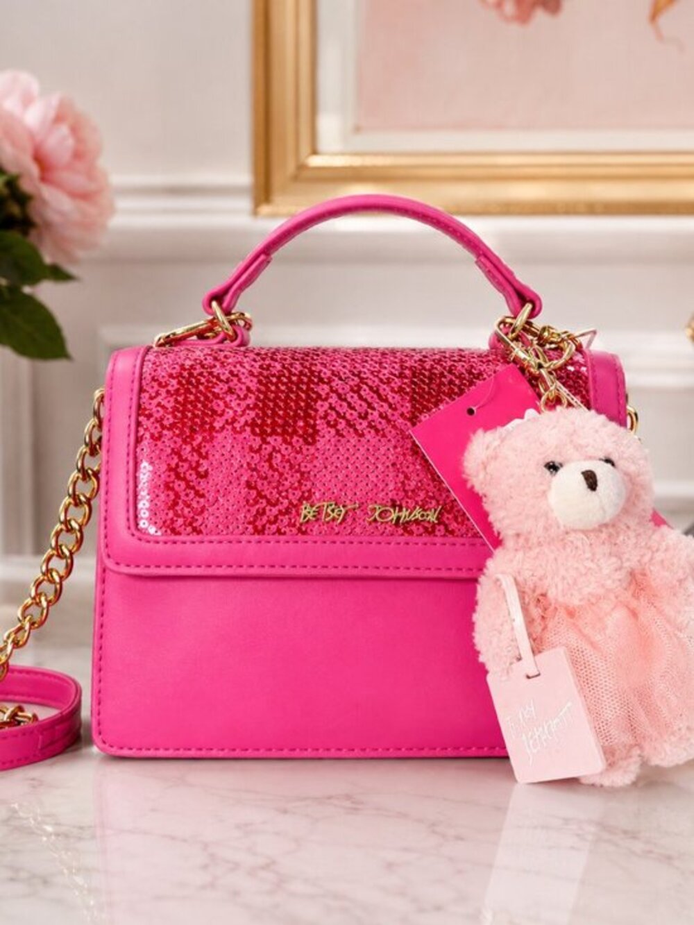 Betsey Johnson Hot Pink Sequin Mini Crossbody Teddy Bear Charm NWT